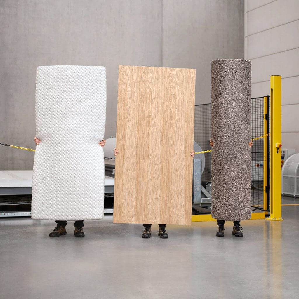 Three people standing, holding a mattress, a carpet and a furniture panel in front of them, all products designed to use again.